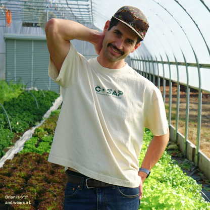 Man wearing COSAP tee, Reclaimed Cotton Tshirt, COSAP Co-op Community Supported Apparel Tee tshirt, mission based tshirt